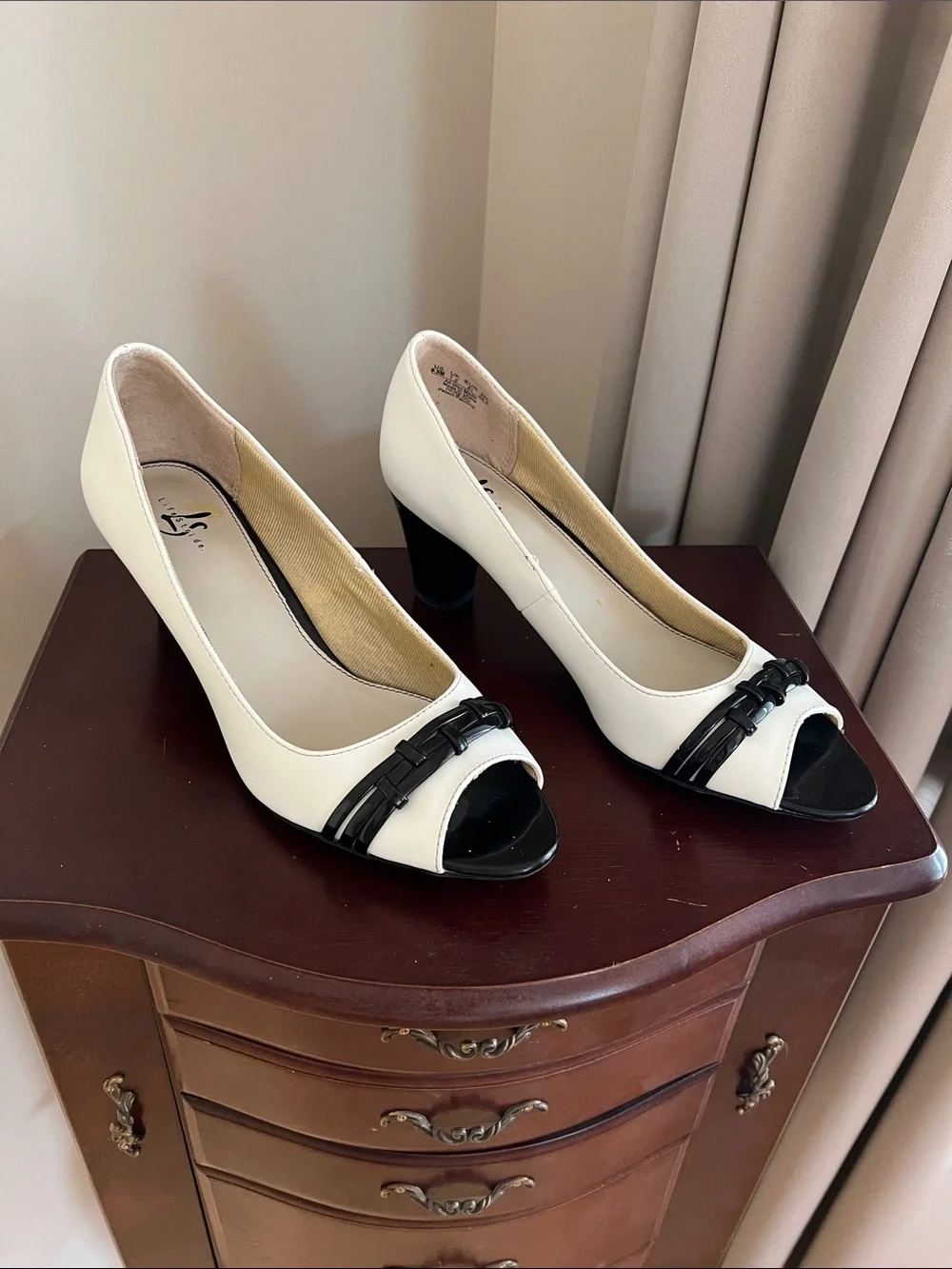 Life Stride White and Black Peep-Toe Heels with Strap Detail - 9.5